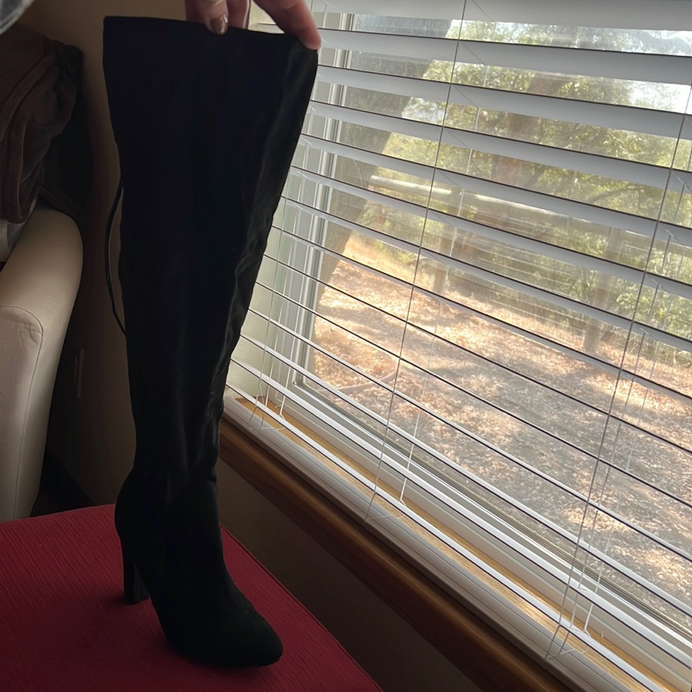 Black suede like material thigh high booties